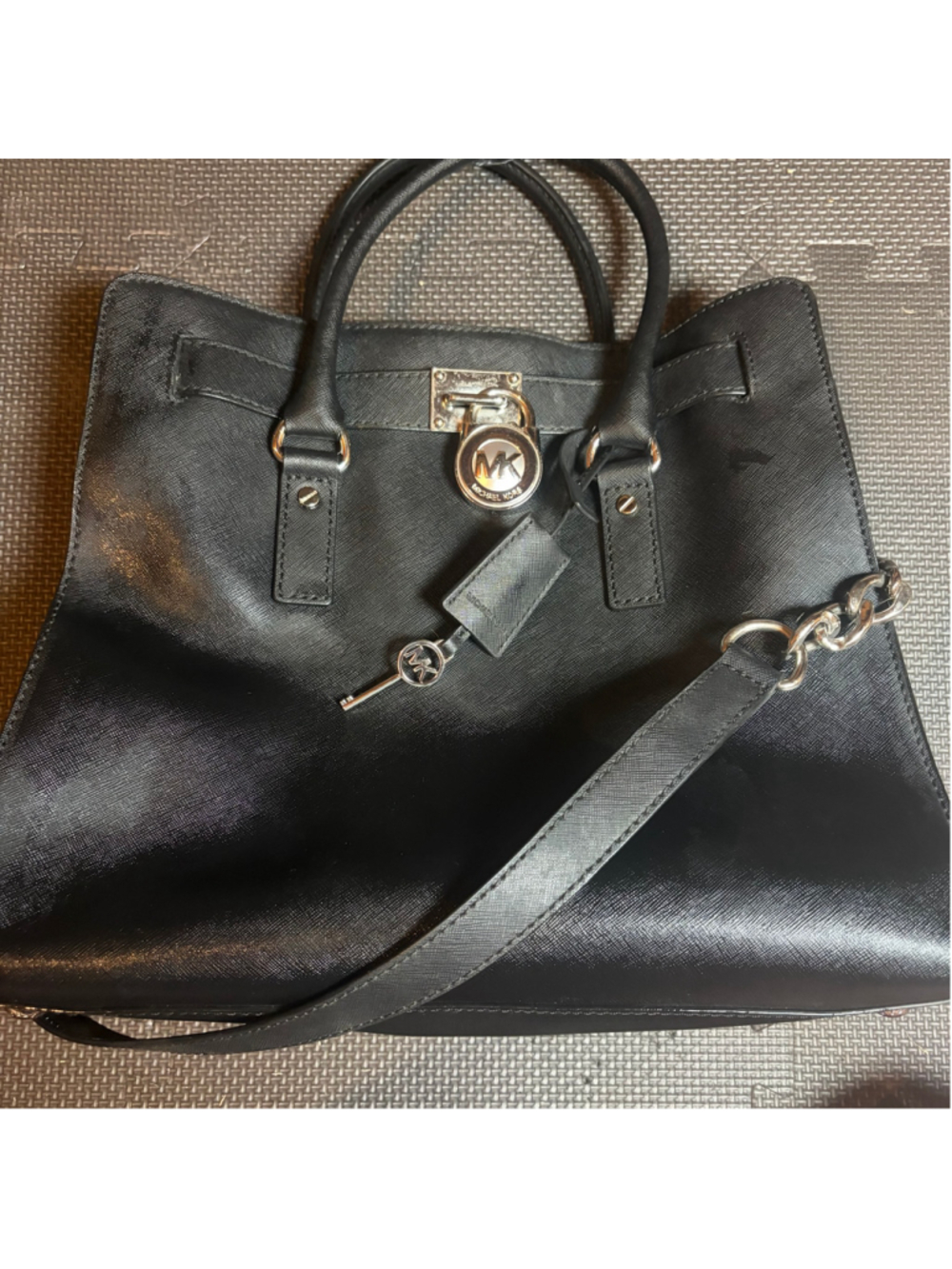 Michael Kors Hamilton Black Saffiano Leather Satchel Handbag Lock Key Strap